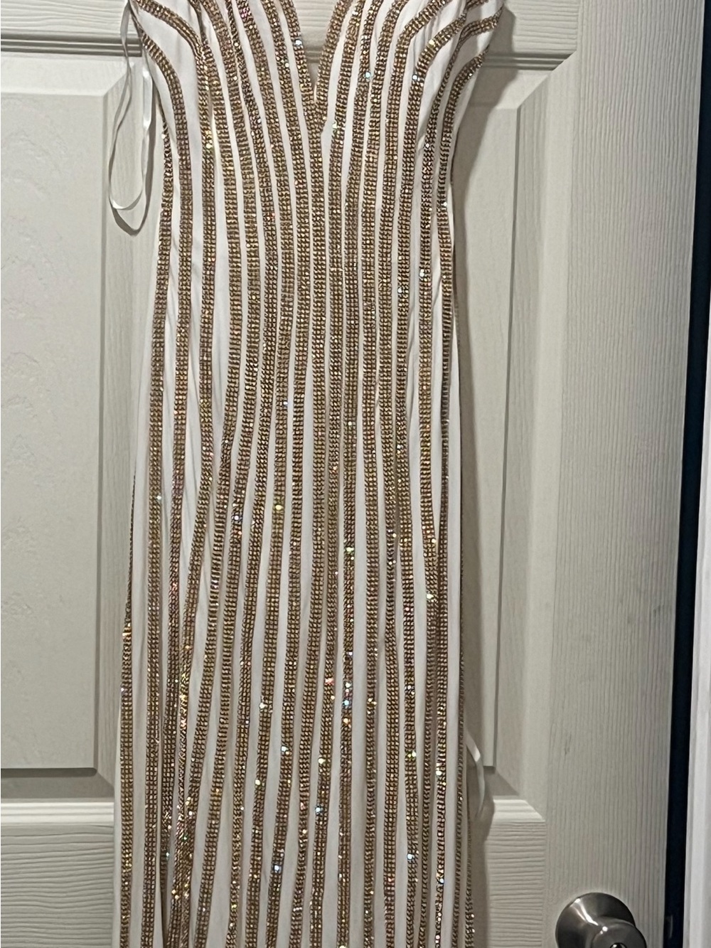 Cinderella White Maxi Dress with Gold Sequin Stripes